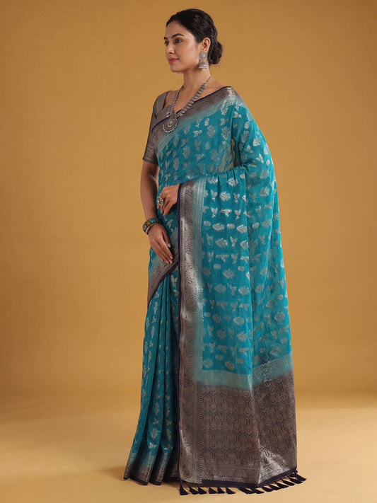 Teal blue satin banarasi saree