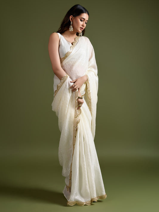 Off-White Fendi Chiffon Saree with Gold Sequin Work