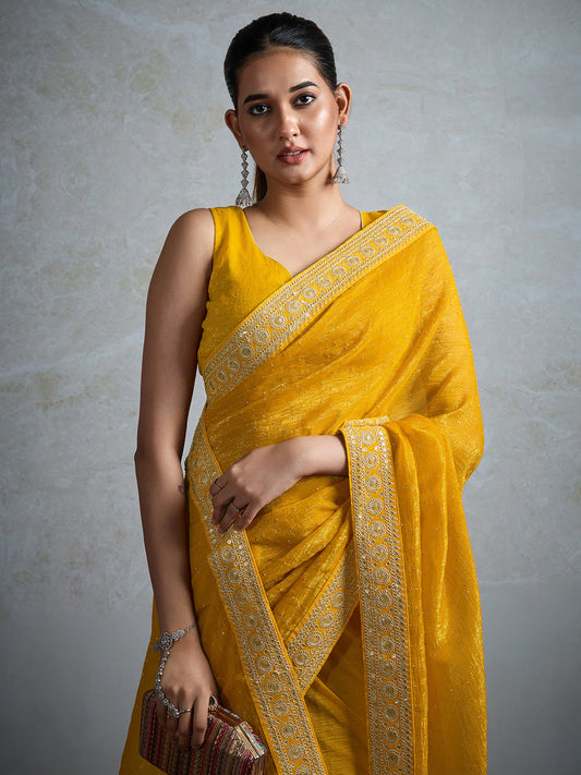Yellow Chiffon Saree with Gold Mukaish Sequin Work