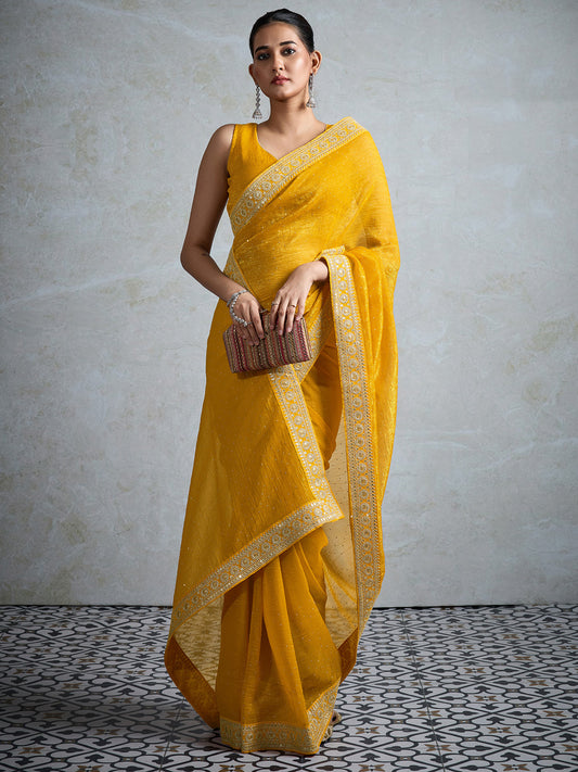 Yellow Chiffon Saree with Gold Mukaish Sequin Work