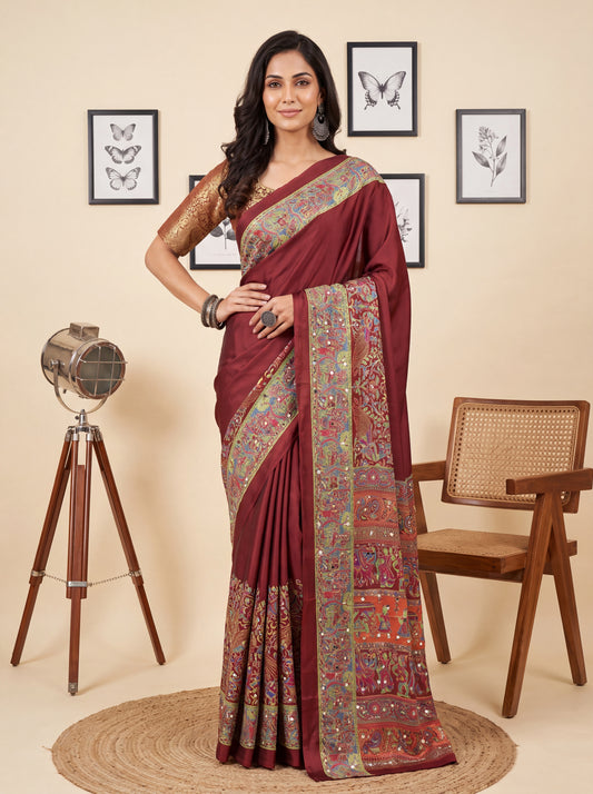 Maroon Kalamkari Print Mirror Saree