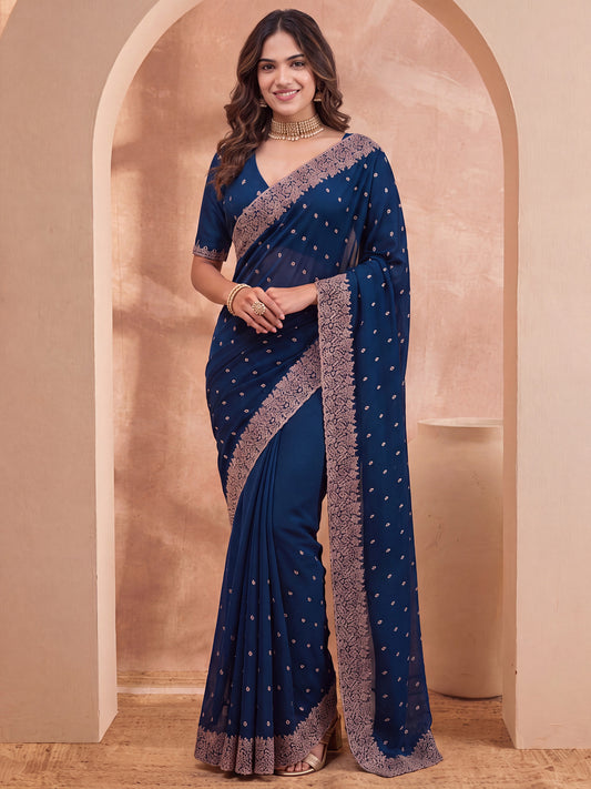Navy Blue Bandhani Georgette Saree with Embroidered Border