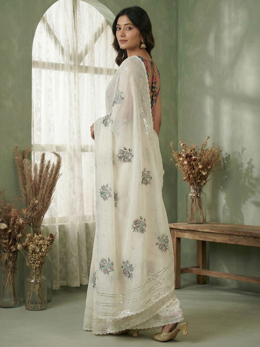 Ivory Organza Embroidered Saree with Floral Blouse