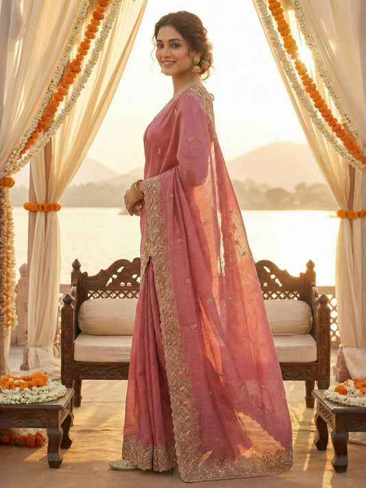 Dusty Lavender Silk Blend Embroidered Border Saree