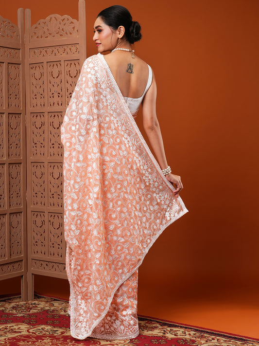 Peach Chikankari Georgette Saree with Lace Border