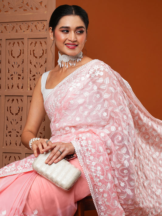 Light Pink Organza All-over White Floral Embroidery Scalloped Border Designer Blouse Saree