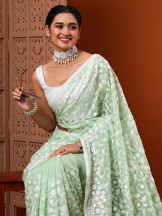 Pista Green Organza All-over White Floral Embroidery Scalloped Border  Designer Blouse Saree