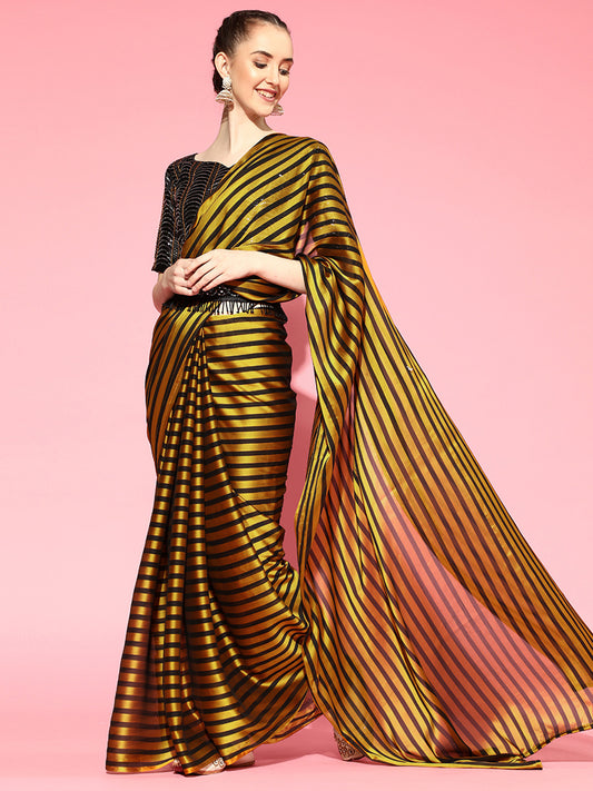 Black & Gold Striped Sequin Saree with Blouse
