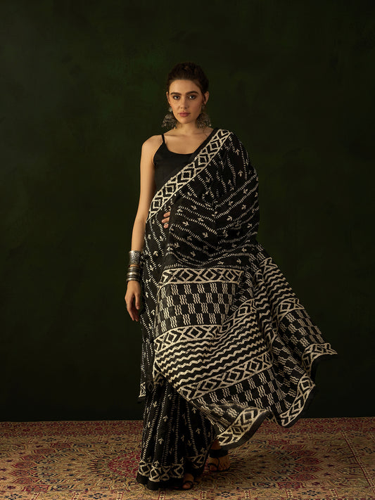 Black & Ivory Batik Bhagalpuri Silk Saree