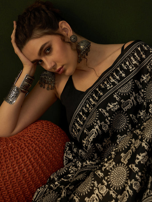 Black Warli Art Bhagalpuri Silk Saree