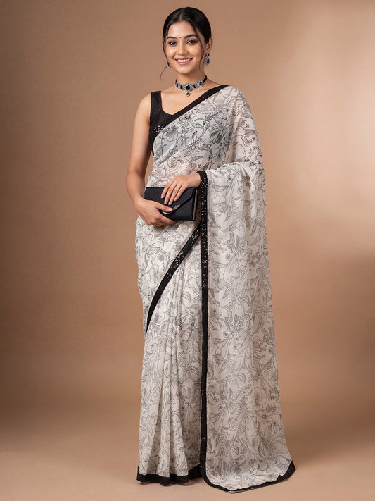 Off-White & Black Georgette Saree
