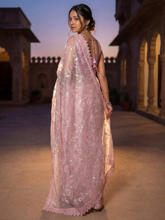 Pink Organza Embroidered Saree with Lace Border