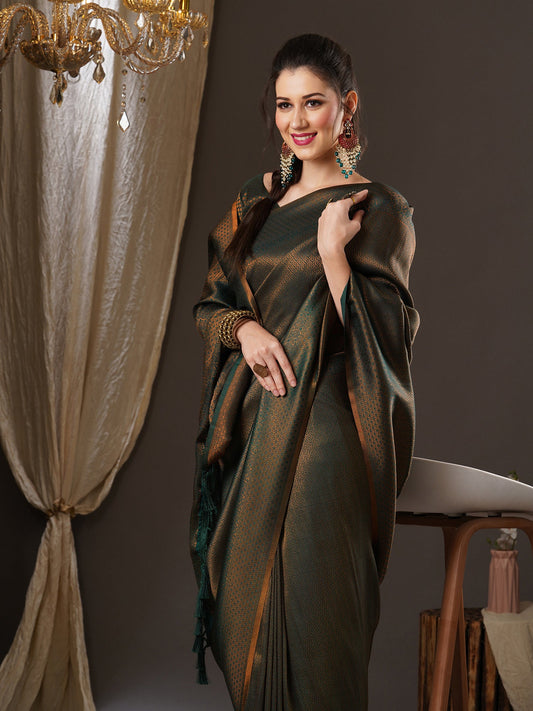 Deep Green Overall Zari Woven Premium Silk Saree