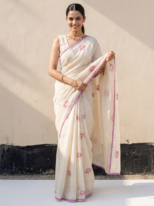 Off-White Handloom Linen Saree with Lotus Embroidery