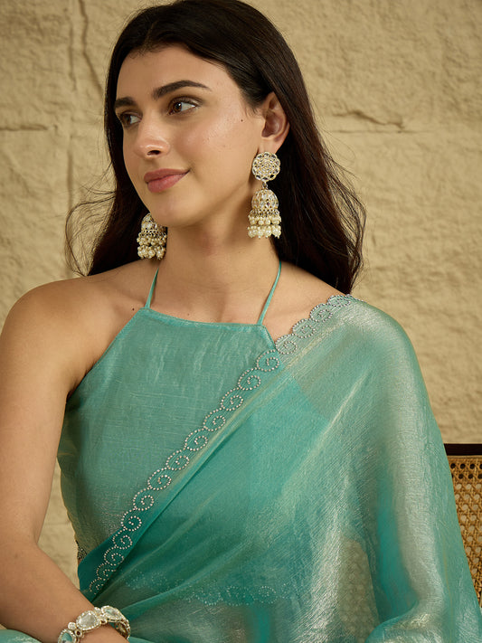 Sea Green Shimmer tissue Saree with Embroidered Border