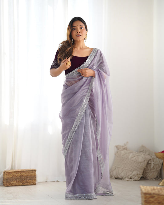 Lavender Organza Saree with Silver Lace Border & Embroidered Blouse