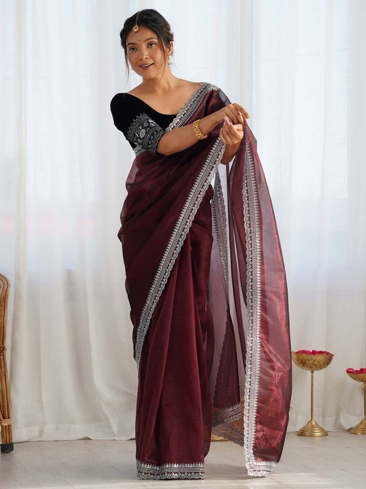 Maroon Solid Embroidery Organza Scalloped Saree