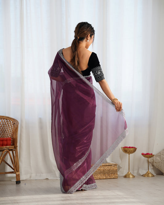 Organza Saree with Embroidered Border & Blouse