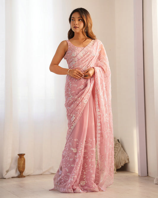 Pink Georgette Chikankari Saree