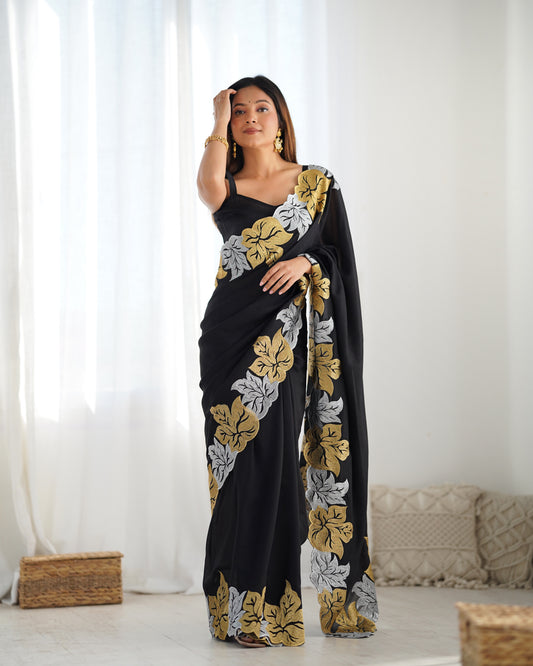 Black Georgette Saree with Gold & Silver Leaf Embroidery