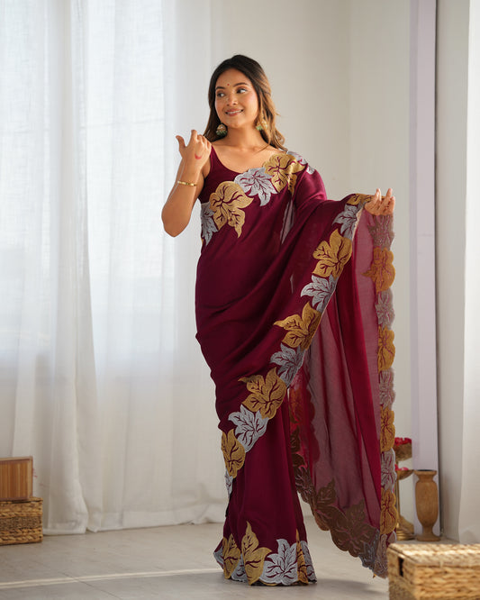 Maroon Georgette Saree with Gold & Silver Leaf Embroidery
