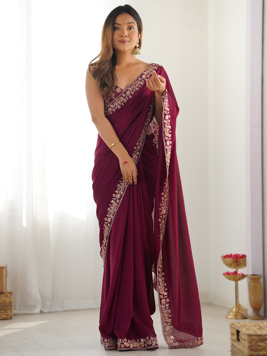 Wine Georgette Embroidered Saree