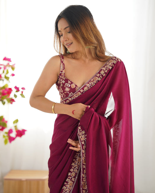 Wine Georgette Embroidered Saree