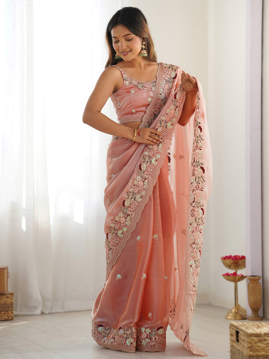 Peach Pink  Tissue Silk  Heavy Floral Sequin Embroidery Scalloped Border  Blouse Saree