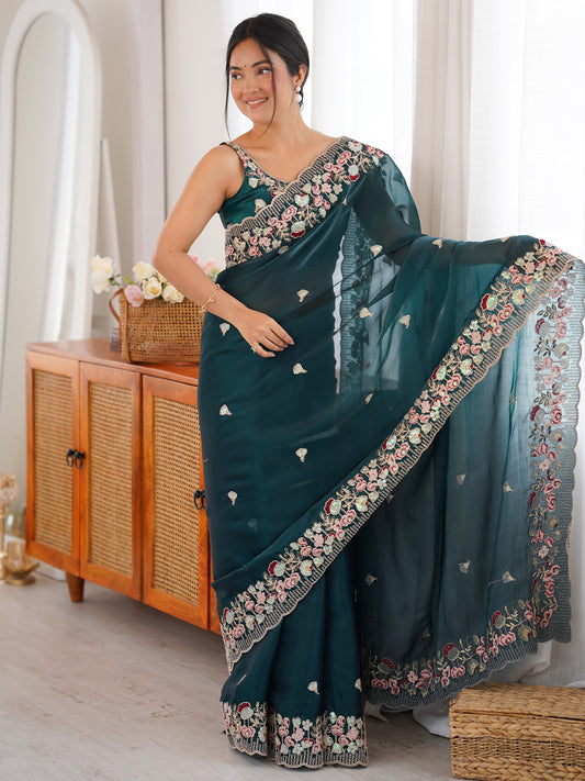 Dark Green Tissue Saree with Floral Border
