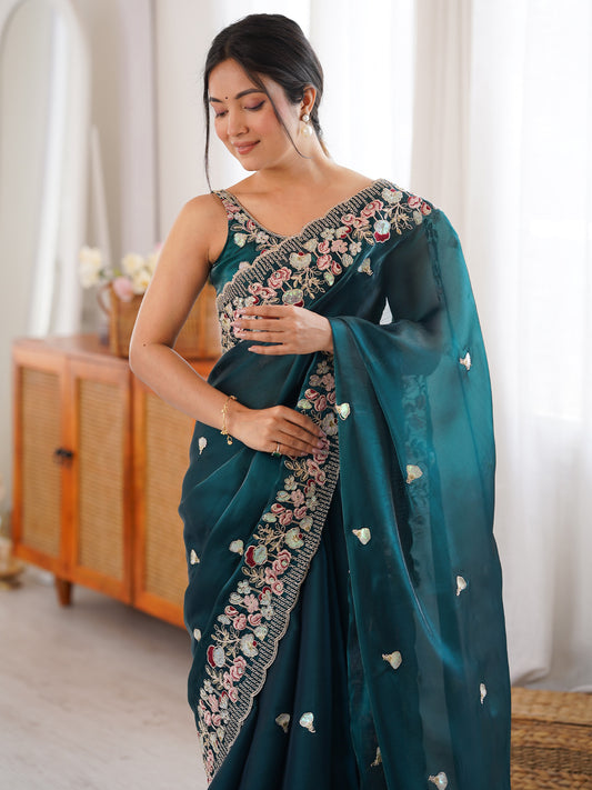 Dark Green Tissue Saree with Floral Border