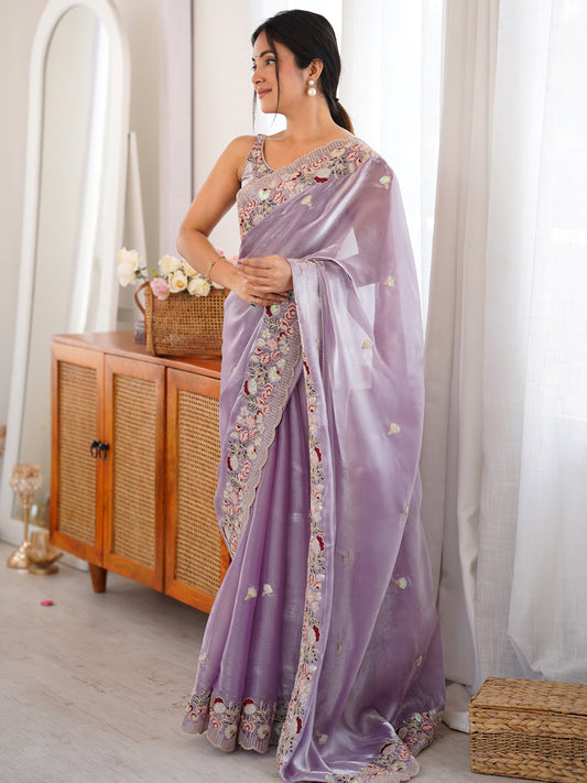 Lavender Tissue Saree with Floral Border