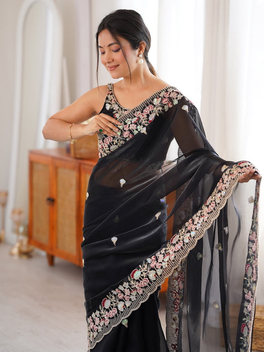Black Tissue Saree with Floral Border