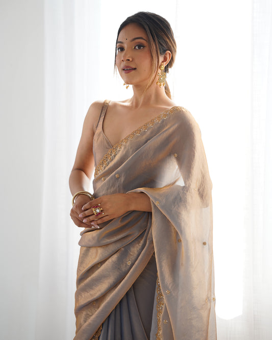 Grey Gold Embroidered Paper Silk Saree