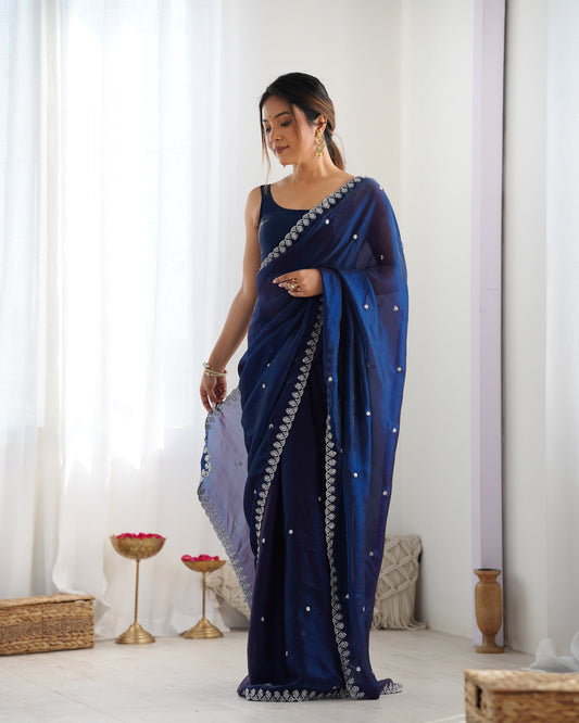 Navy Blue Embroidered Paper Silk Saree