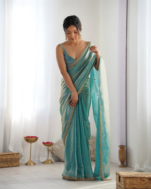 Aqua Blue Embroidered Paper Silk (Organza) Saree