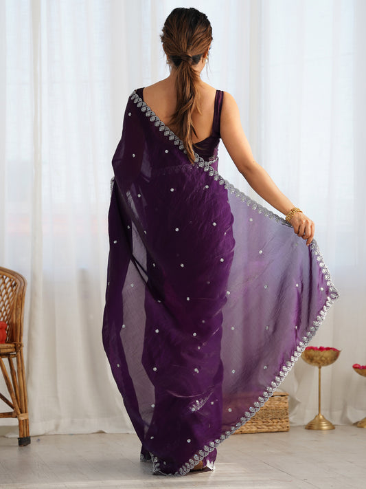 Purple Organza Saree with Silver Embroidery Border & Blouse