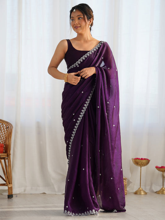 Purple Organza Saree with Silver Embroidery Border & Blouse
