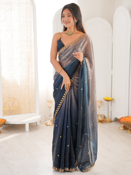 Grey and Blue Shimmer Georgette  Mirror & Sequin Embroidered Border Blouse Saree