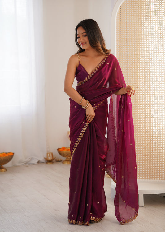 Wine Paper Silk Saree with Gold Embroidered Border