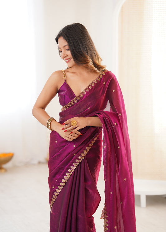 Wine Paper Silk Saree with Gold Embroidered Border