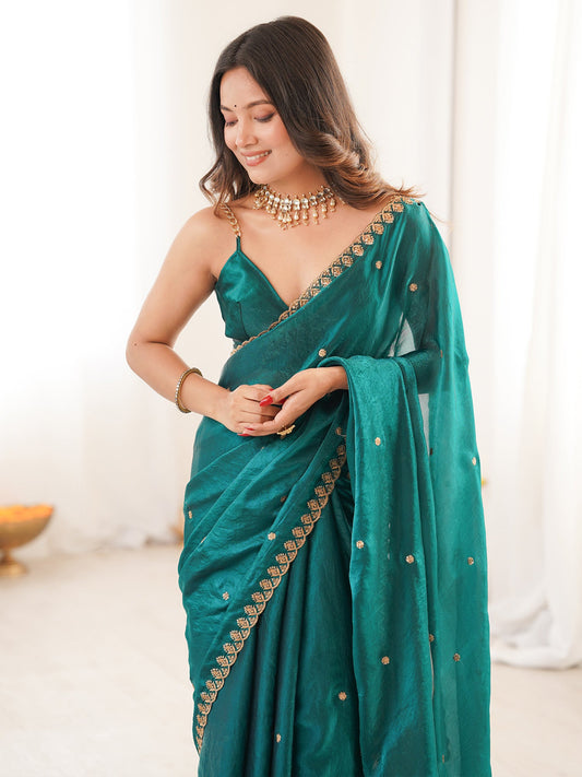 Teal Embroidered Paper Silk Saree with Blouse