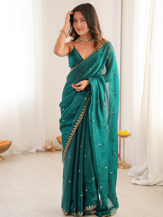 Teal Embroidered Paper Silk Saree with Blouse