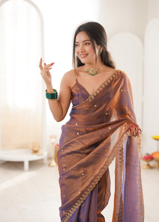 Tissue Organza Saree Mauve & Copper Dual-Tone