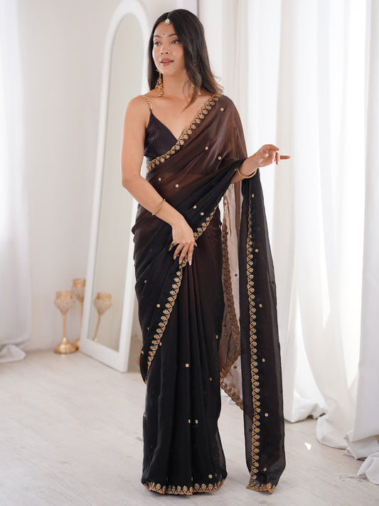 Black Tissue Silk Saree with Embroidered Border
