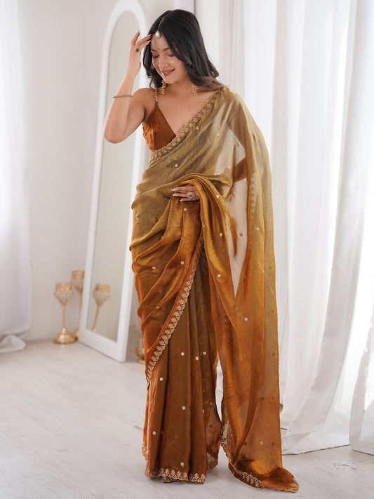 Golden Brown Tissue Silk Saree with Embroidered Border