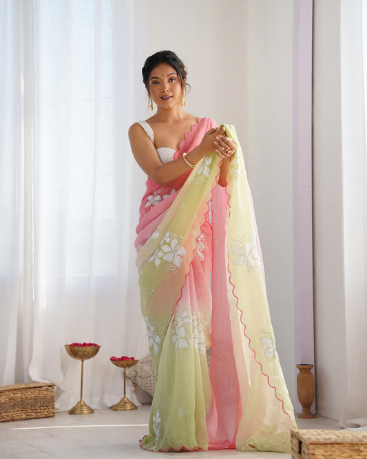 Ombre Chiffon Saree with Floral Embroidery – Pink & Lime Green