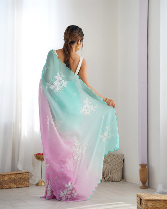 Ombre Organza Saree in Mint & Pink with Floral Embroidery