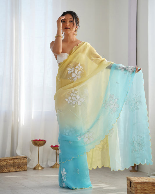 Yellow Blue Ombre Satin Chiffon Saree with Floral Embroidery
