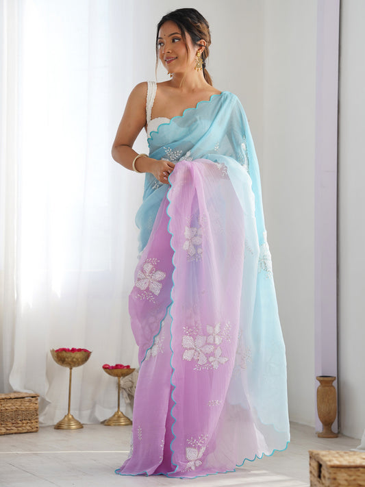 Sky Blue & Lavender Organza Embroidered Saree