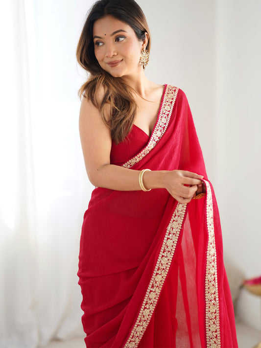 Red Satin Saree with Gold Sequin